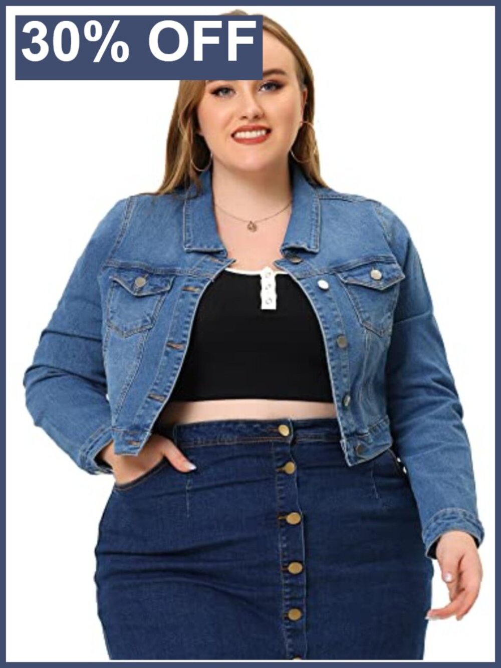 Plus Size Cropped Denim Jacket Button Up Chest Pockets Long Sleeve